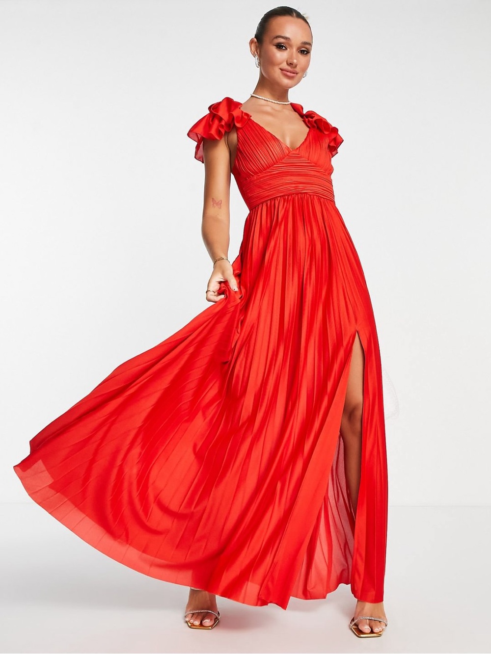 ASOS DESIGN Tall Coral Pleated Maxi Dress Ruffle Shoulder Slit UK18 EU46 - Picture 2 of 12